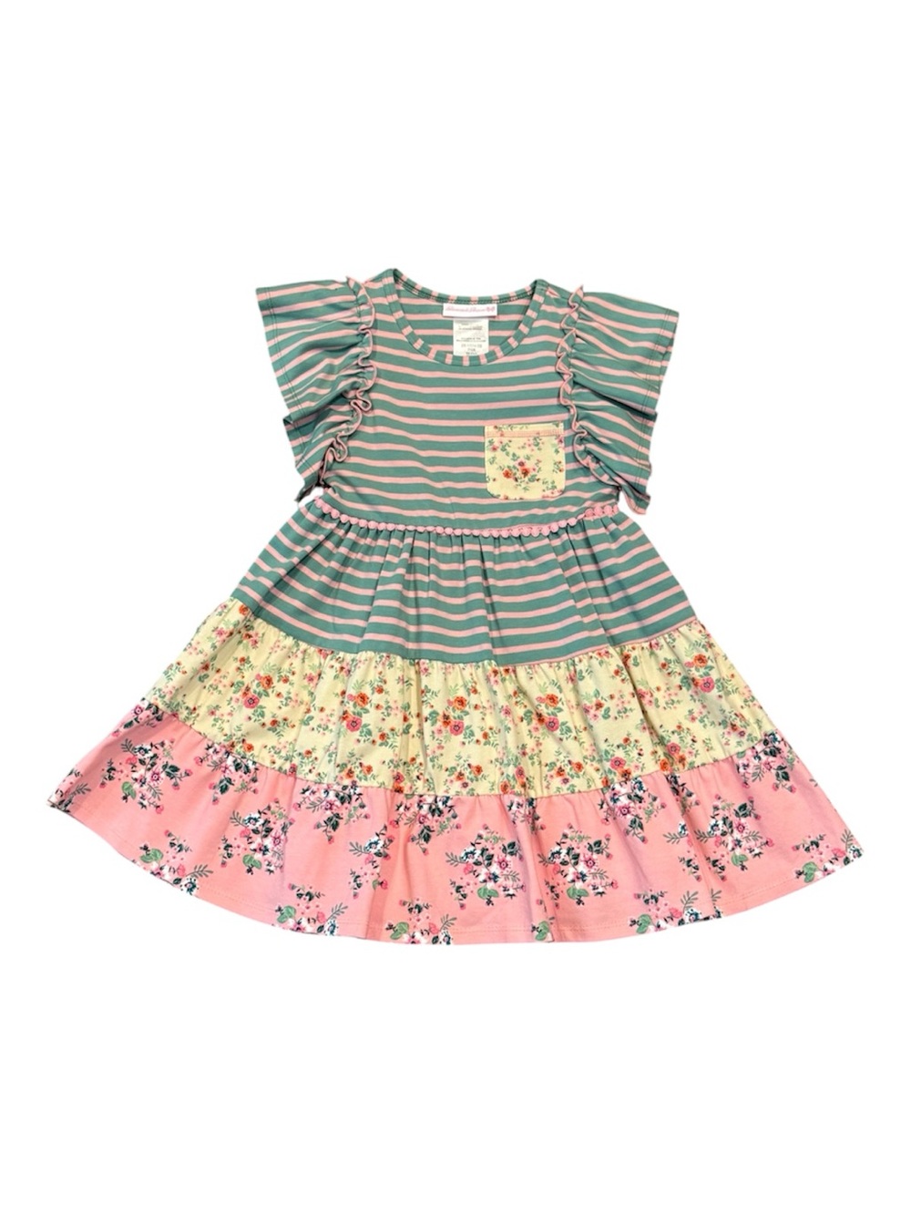 Bonnie Jean Pink & Green Striped Floral Tiered Dress